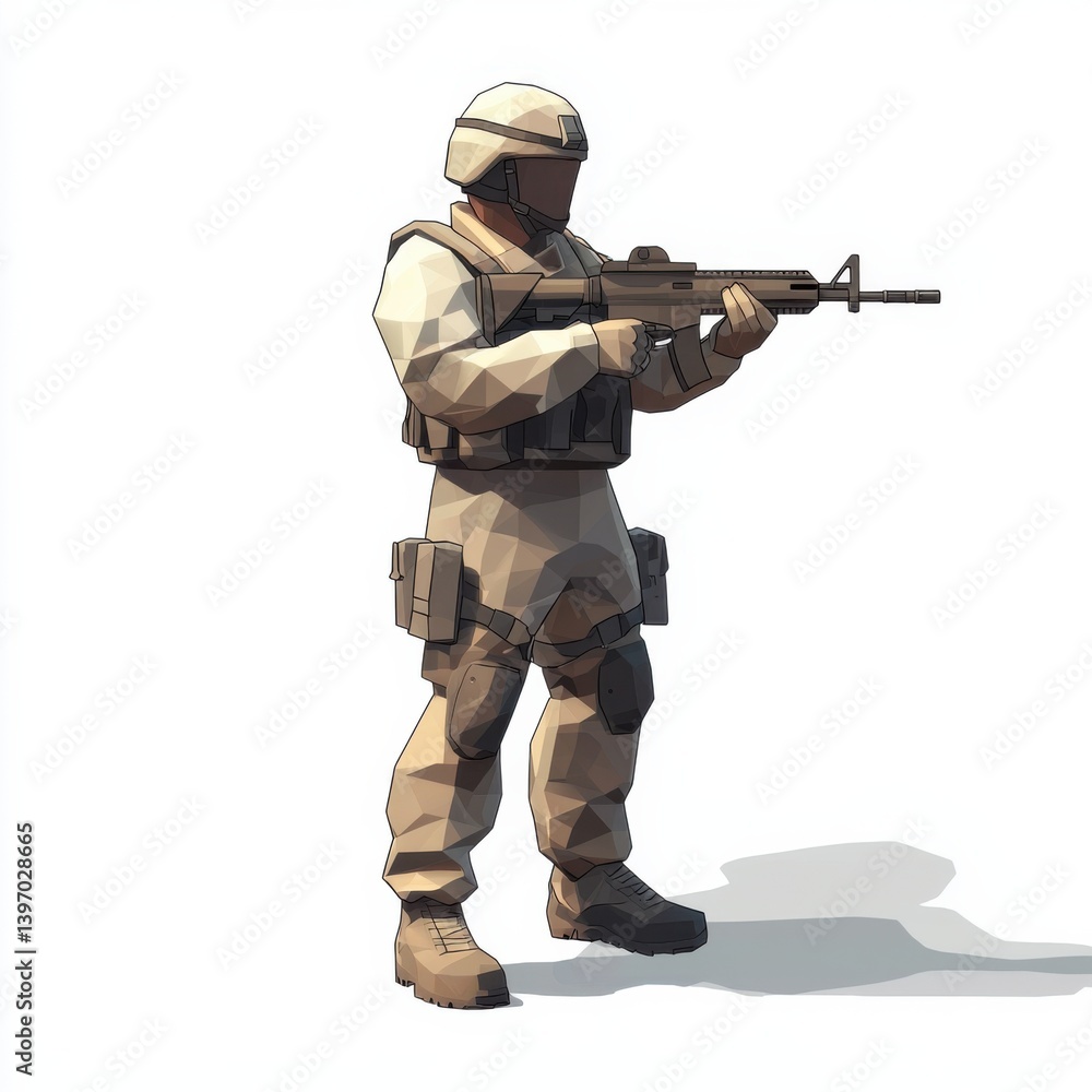 A low-poly model of a soldier in full tactical gear stands ready, aiming his rifle with precision against a stark white background showcasing detailed polygonal textures and A low-poly model of a soldier in full tactical gear stands ready, aiming his rifle with precision against a stark white background showcasing detailed polygonal textures and