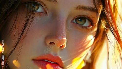 Close-up portrait of a young woman with striking green eyes and flowing hair, surrounded by soft light