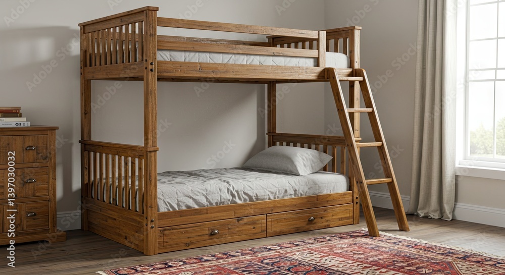 Wooden Bunk Bed with Ladder in Bright Room Interior Design Wooden Bunk Bed with Ladder in Bright Room Interior Design