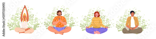 Man and woman meditating in lotus posture set illustration. Yoga zen and meditation practice. Balance, harmony and mindfulness, calmness concept For mobile, website, presentation