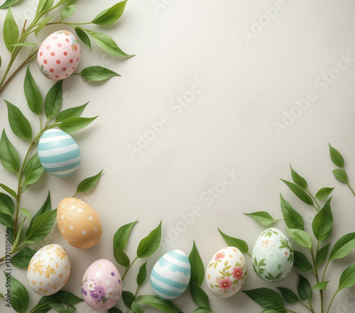 Decorative Easter eggs in various designs scattered on a surface with green leaves
