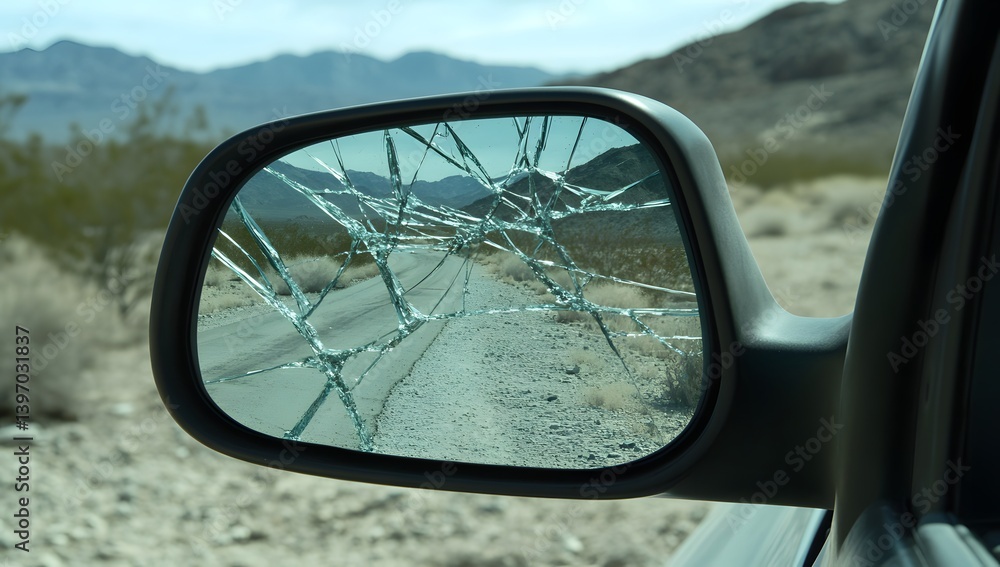A cracked car side-view mirror reflects a desert road. A cracked car side-view mirror reflects a desert road.