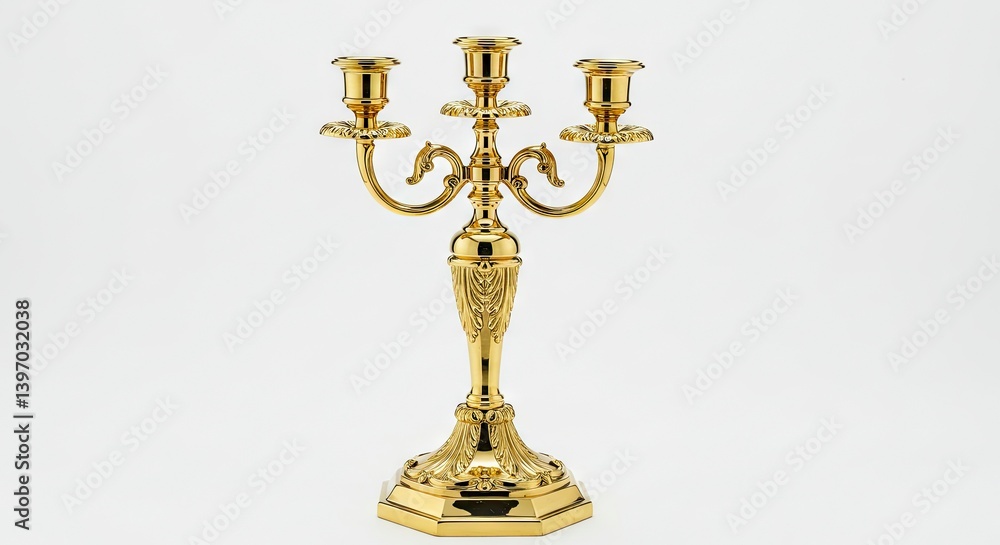 Elegant Gold Candelabra with Three Candle Holders on White Background Elegant Gold Candelabra with Three Candle Holders on White Background