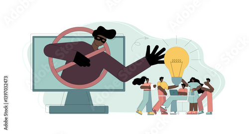 Theft and plagiarism, copying ideas, thoughts. A man, a swindler, a deceiver reaches out to someone else's idea, a light bulb.eps