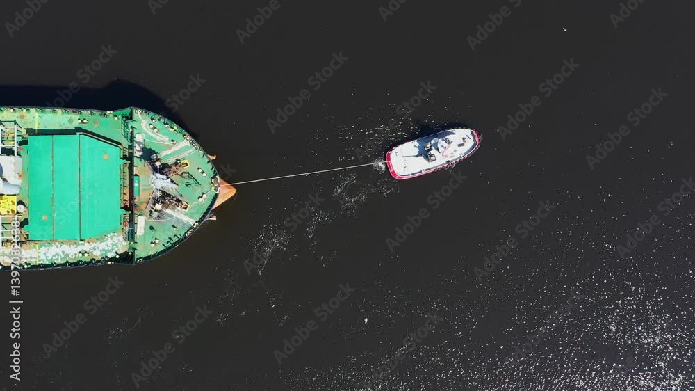 Top down view of a tugboat pulling a cargo ship in port of Varna, Bulgaria. Logistics and transport
