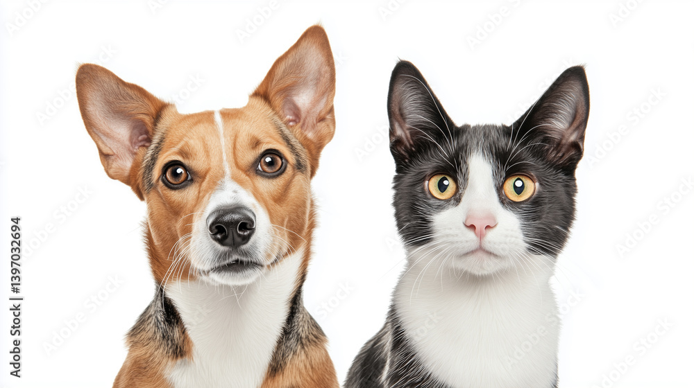 Close-up of a dog and cat with striking expressions Close-up of a dog and cat with striking expressions
