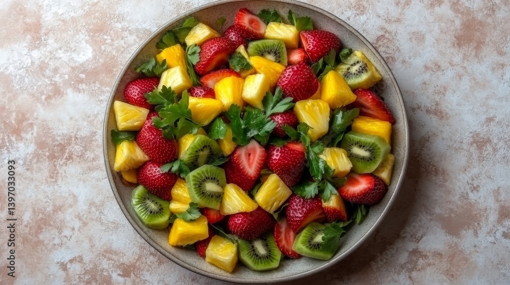 Close-up of a fruit salad in a bowl with strawberries, kiwi, and pineapple, top view showcasing a fresh, healthy, and colorful fruit platter for meals. Close-up of a fruit salad in a bowl with strawberries, kiwi, and pineapple, top view showcasing a fresh, healthy, and colorful fruit platter for meals.