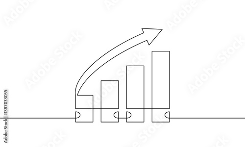 Continuous line drawing of graph with increasing arrow up. Single line art illustration vector of business growth. Illustration vector of sign symbol. Flat icon of bar chart. Object one line