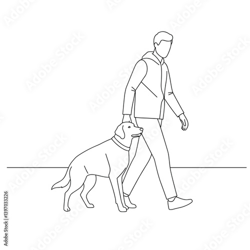 Man walking dog in a casual style on a simple background  