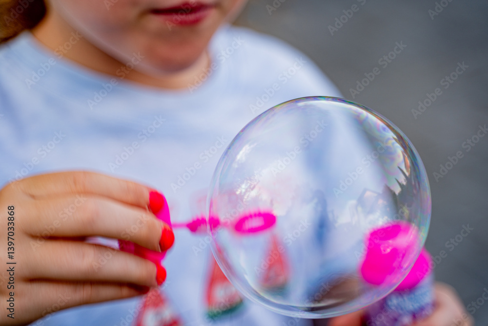 red-haired girl blowing a soap bubble from a pink jar with a pink stick red-haired girl blowing a soap bubble from a pink jar with a pink stick