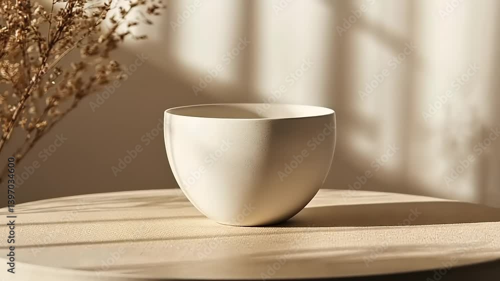 Minimalistic ceramic bowl on a wooden table with soft shadows and dried flowers in the background Minimalistic ceramic bowl on a wooden table with soft shadows and dried flowers in the background