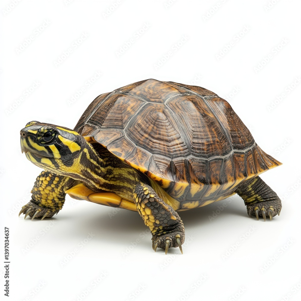 Obraz premium Turtle walking, white background, studio shot, pet reptile