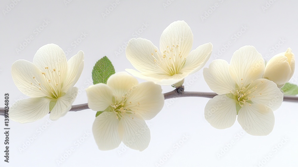 Delicate, pale yellow blossoms on a branch. Close-up view of springtime flowers, featuring soft petals and subtle greenery Delicate, pale yellow blossoms on a branch. Close-up view of springtime flowers, featuring soft petals and subtle greenery