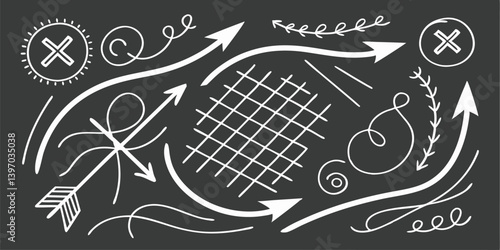 Chaotic Yet Structured Doodles: Swirling Lines, Dashed Grids & Bold Arrows in White on Black