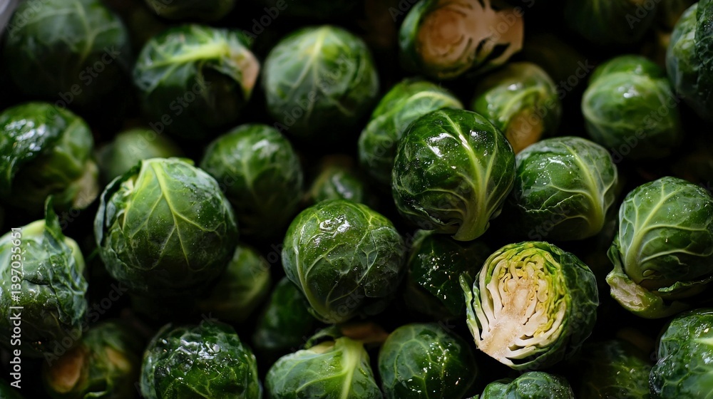 Fresh Brussels Sprouts Still Attached to Stalk at Farmer Market Fresh Brussels Sprouts Still Attached to Stalk at Farmer Market