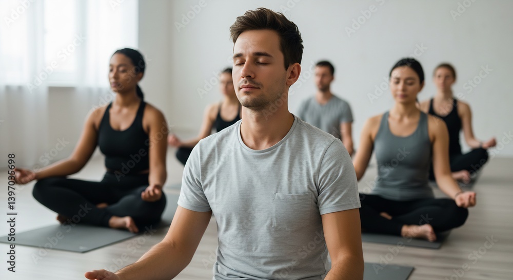 Serene Group Meditation Session: Diverse People Practicing Mindfulness and Yoga in a Bright Studio Serene Group Meditation Session: Diverse People Practicing Mindfulness and Yoga in a Bright Studio