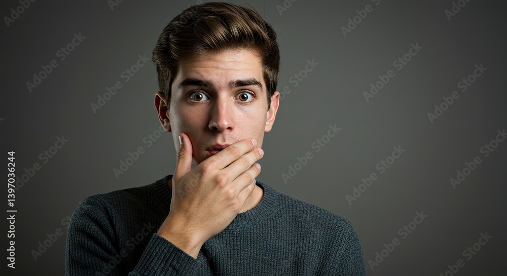 Surprised Young Man Covering Mouth with Hand Against Gray Background Surprised Young Man Covering Mouth with Hand Against Gray Background