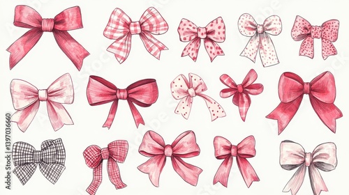 An illustration of various red and pink bows arranged in a pattern against a light background. The bows come in different styles and designs, some with polka dots, stripes, and gingham patterns
