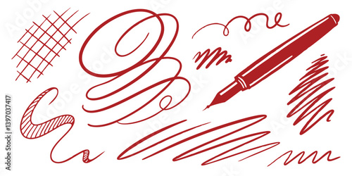 Dynamic Red Ink Brushstrokes: Fluid Lines & Chaotic Scribbles in Varied Thickness