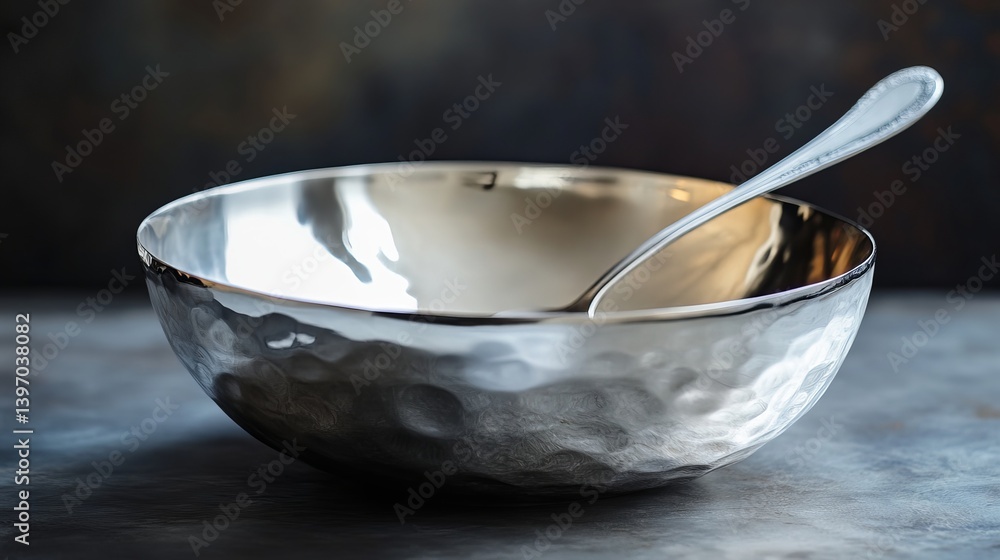 A hammered silver bowl with a spoon resting inside against a dark blurred background in soft lighting A hammered silver bowl with a spoon resting inside against a dark blurred background in soft lighting
