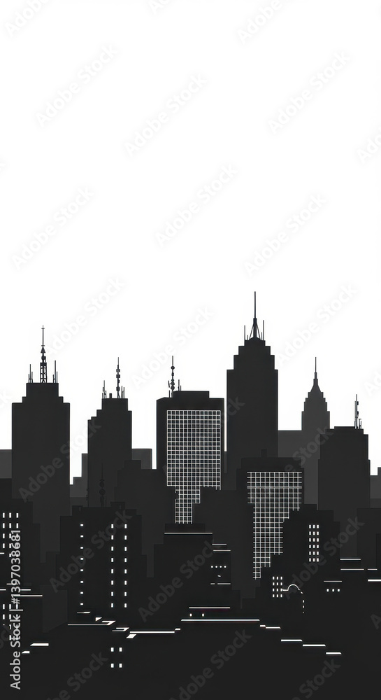 Naklejka premium Cityscape Silhouette: Modern Urban Skyline Illustration - Building Architecture, Night City View Vector Art & Business Background