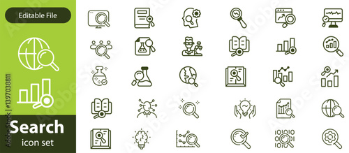 Search stroke line icon set. Containing magnifying glass, find, research, SEO and investigate icons. Stroke outline icon collection. Editable stroke.