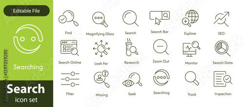 Search stroke line icon set. Containing magnifying glass, find, research, SEO and investigate icons. Stroke outline icon collection. Editable stroke.