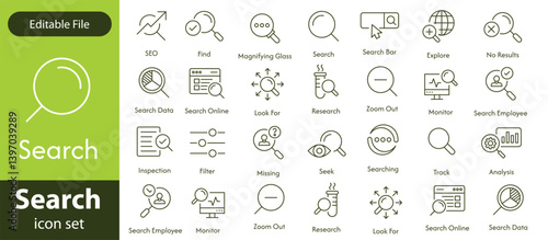 Search stroke line icon set. Containing magnifying glass, find, research, SEO and investigate icons. Stroke outline icon collection. Editable stroke.
