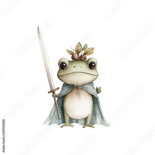 Enchanted Frog Knight: A charming watercolor illustration of a whimsical frog adorned with a crown and cape, holding a sword, ready for a fantastical adventure.