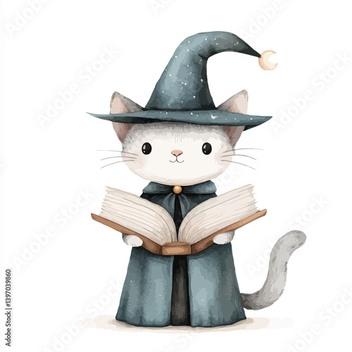 Mystical Feline's Spellbinding Tome: A cute and captivating illustration of a cat dressed as a wizard, engrossed in reading a magical book, creating a fantastical and enchanting atmosphere.