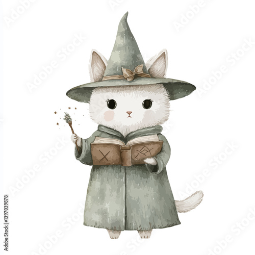 Whimsical Wizard Cat: A charming and cute cat, dressed as a wizard, conjures magic from an ancient book, evoking a sense of wonder and fantasy.