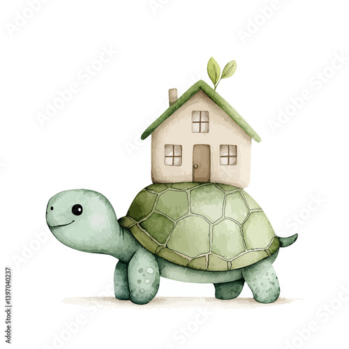 Turtle's Home: An endearing watercolor illustration depicts a charming turtle happily carrying a quaint house on its back, evoking feelings of security, nature, and home. 