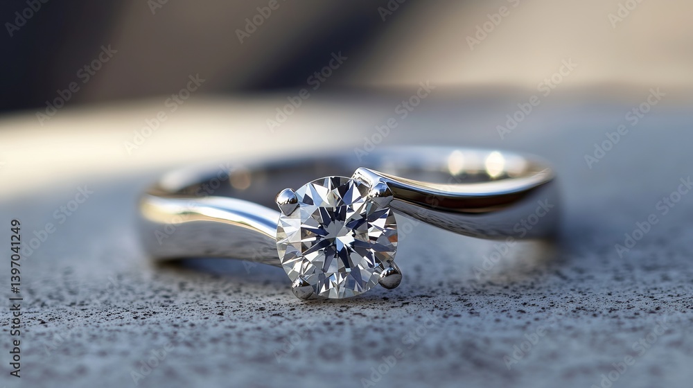 Close up of a silver ring with a diamond on a textured surface in soft focus lighting outdoors Close up of a silver ring with a diamond on a textured surface in soft focus lighting outdoors