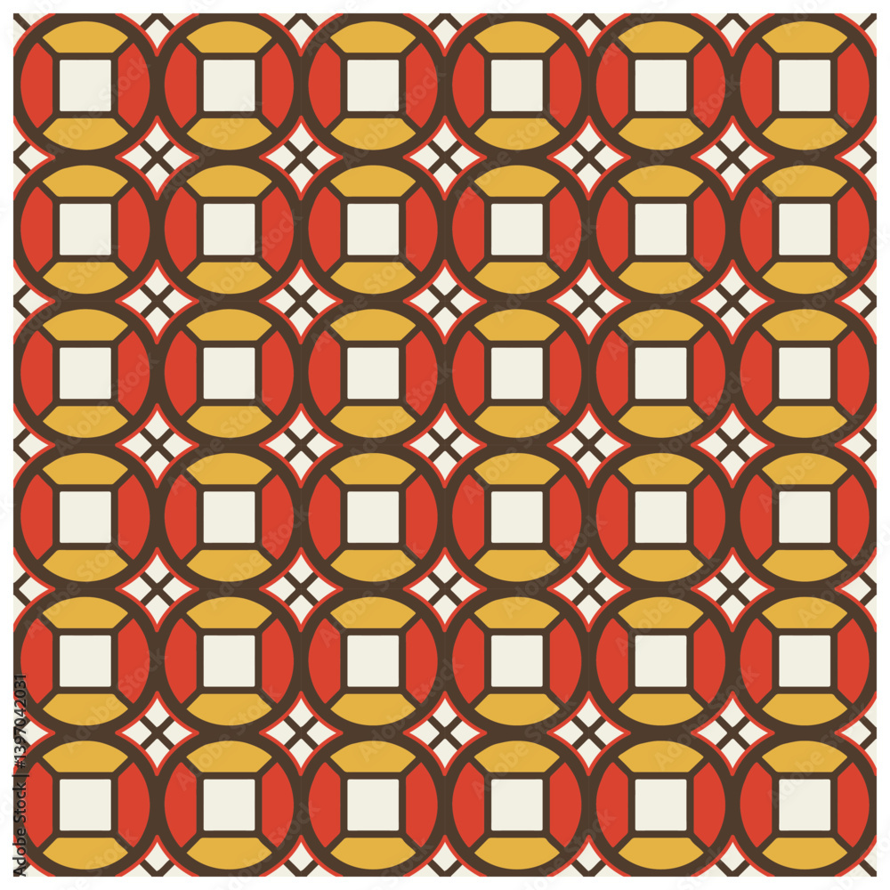 Colorful geometric pattern featuring overlapping red and yellow ovals with white squares and brown outlines against a light background.