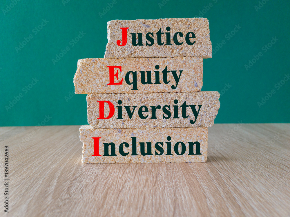 Justice equity diversity inclusion symbol. Concept words JEDI Justice Equity Diversity Inclusion brick blocks. Beautiful green background. Business justice equity diversity inclusion concept.
