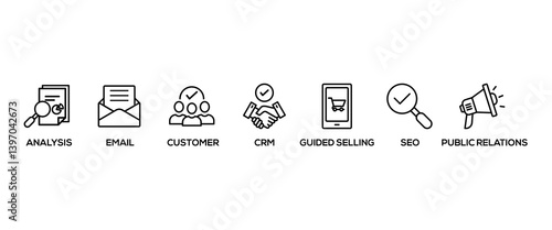 Inbound marketing banner web icon vector illustration concept with icon of analysis, email, customer, crm, guided selling, seo and public relations