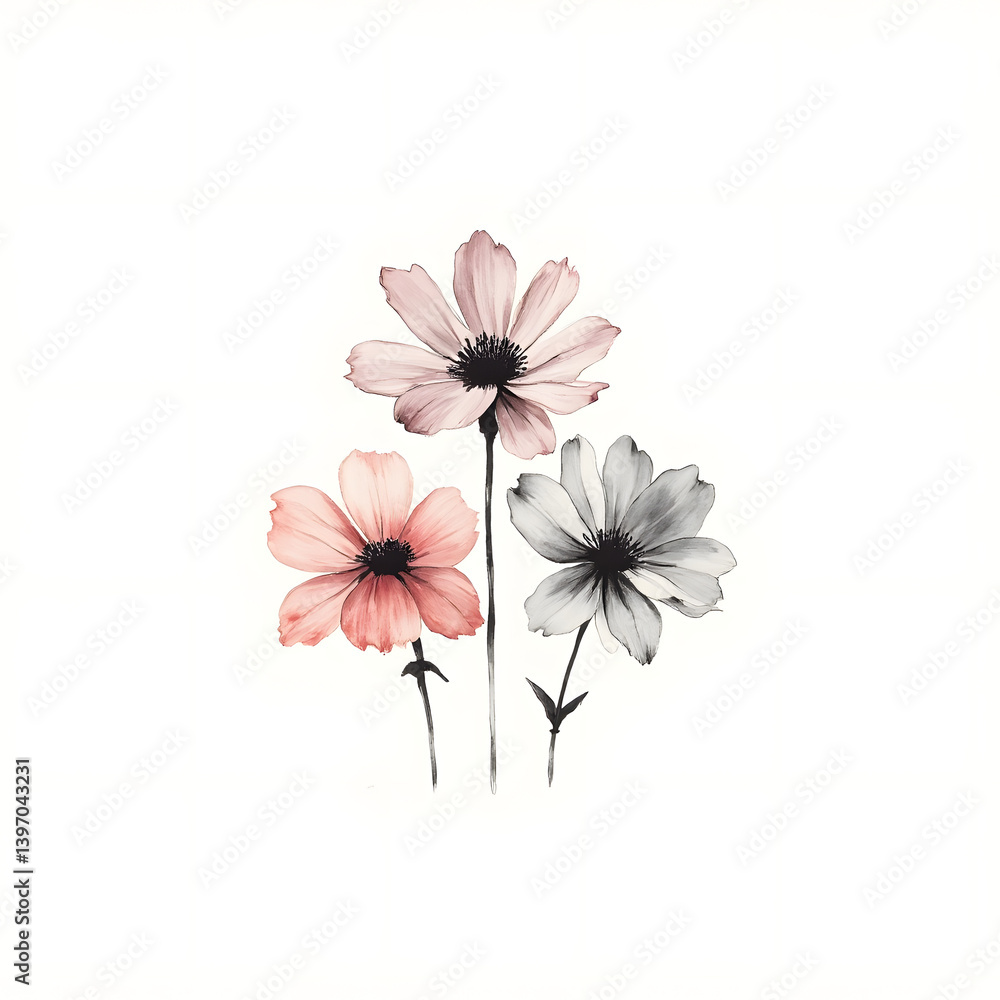Delicate black and pastel flower design in minimal ink style with three floral elements symmetrically grouped Delicate black and pastel flower design in minimal ink style with three floral elements symmetrically grouped