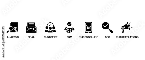 Inbound marketing banner web icon vector illustration concept with icon of analysis, email, customer, crm, guided selling, seo and public relations