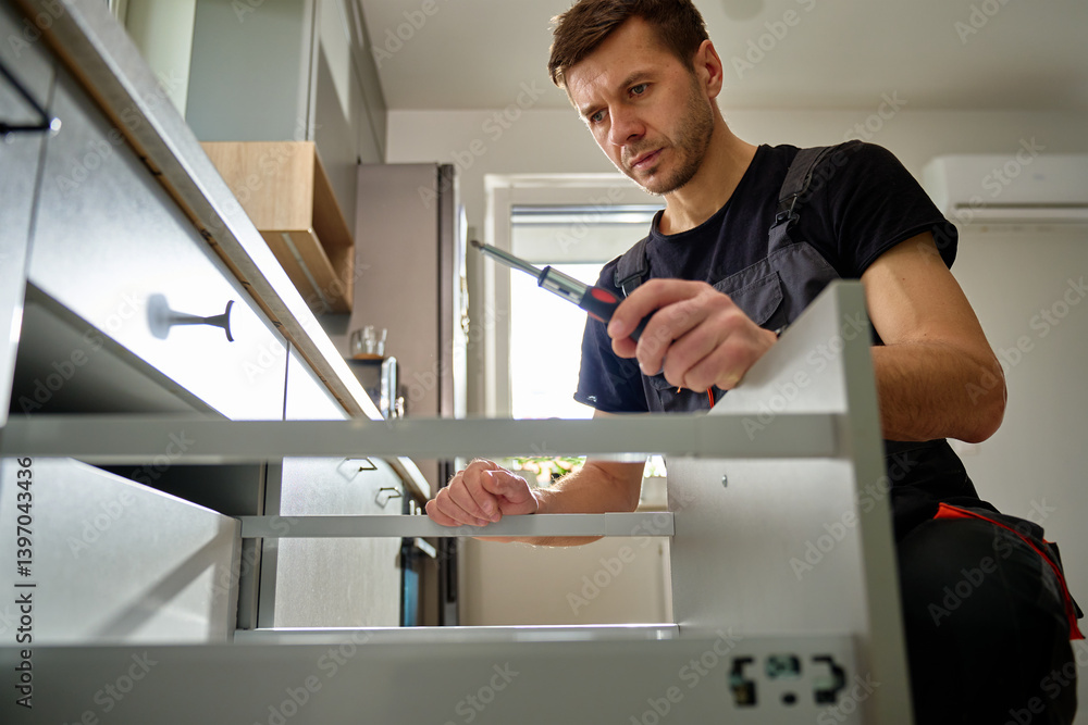 Man assembling kitchen drawer in modern cabinet using screwdriver. Handyman installing and adjusting drawer slide mechanism in contemporary kitchen. Furniture installation