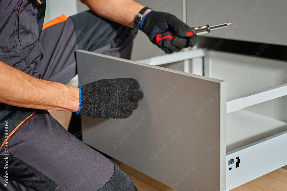 Man assembling kitchen drawer in modern cabinet using screwdriver. Handyman installing and adjusting drawer slide mechanism in contemporary kitchen. Furniture installation