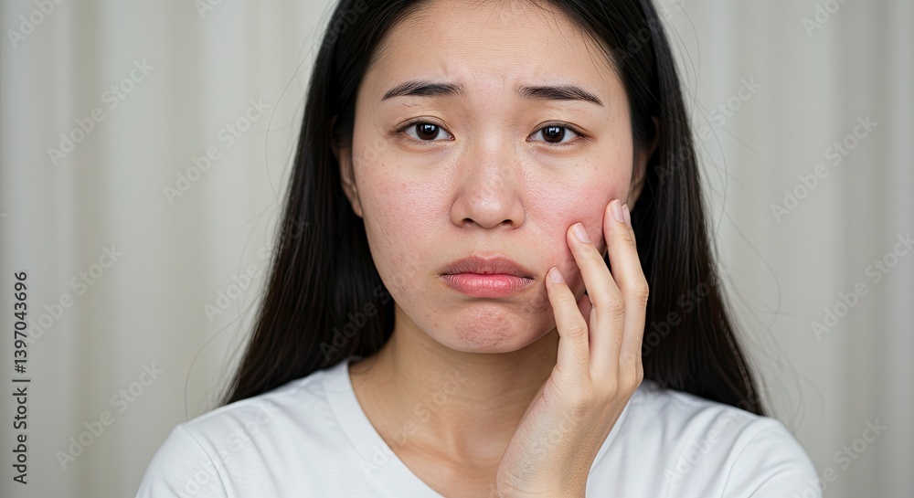 Worried Young Woman Touching Her Face Due to Skin Problems Concern Worried Young Woman Touching Her Face Due to Skin Problems Concern
