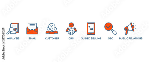Inbound marketing banner web icon vector illustration concept with icon of analysis, email, customer, crm, guided selling, seo and public relations