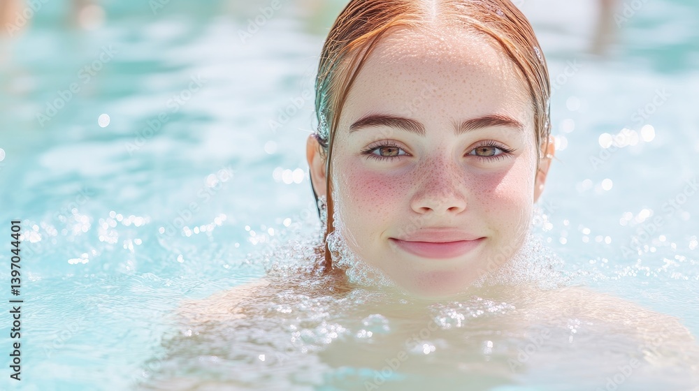 Girl swimming in pool, happy expression Girl swimming in pool, happy expression