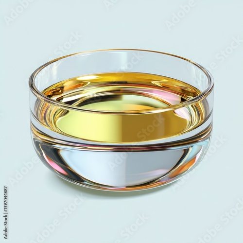 Clear Glass Bowl with Golden Liquid and Colorful Reflection