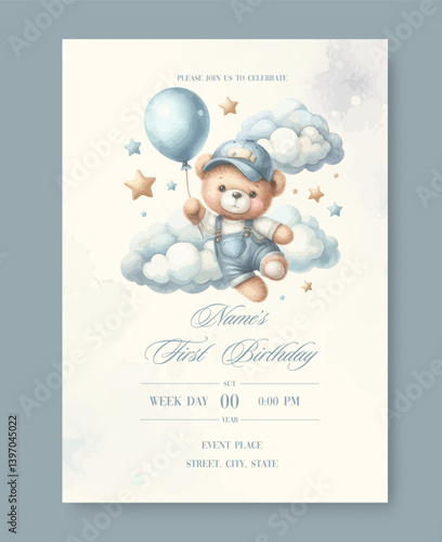 First birthday watercolor invitation card for celebration. With plush teddy bear with balloon around clouds and stars.