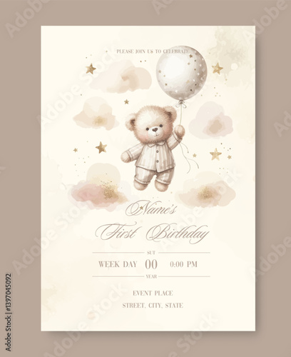 First birthday watercolor invitation card for celebration. With plush teddy bear with balloon around clouds and stars.