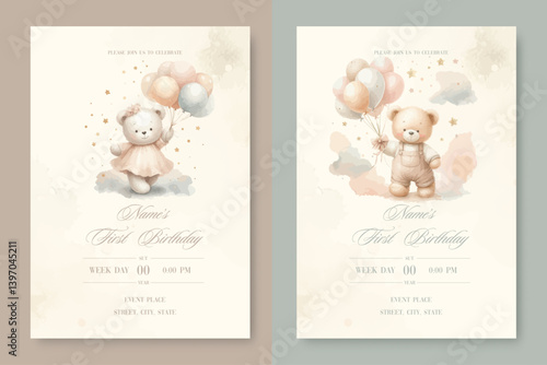 Set of First birthday watercolor invitation card for boy and girl. With plush teddy bear with balloon around clouds and stars.