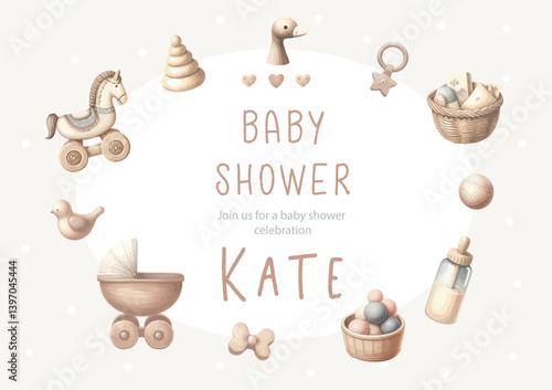 Watercolor New born baby shower invitation. Greeting card with baby toys and accessories.