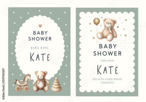 Watercolor New born baby shower invitation. Greeting card with baby toys and accessories.