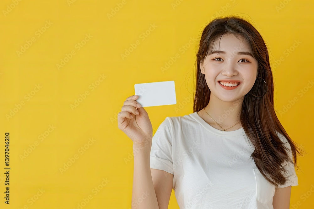 Shopping Smiling Asian Woman Showing Card in Her Hand Standing Over Yellow Background Shopping Smiling Asian Woman Showing Card in Her Hand Standing Over Yellow Background